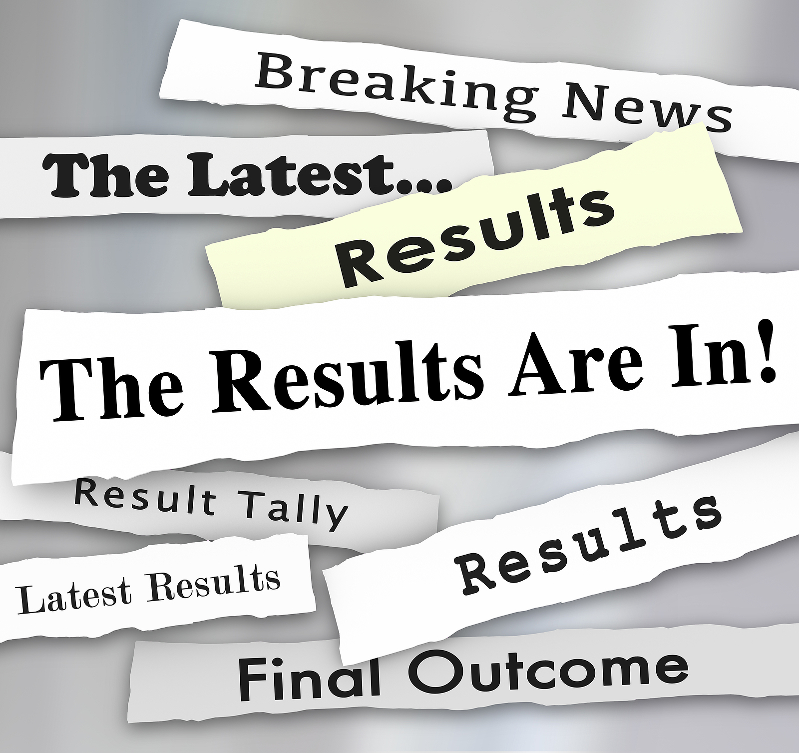 The Results are In words in newspaper headlines to illustrate voting or election survey or poll results reported by news outlets